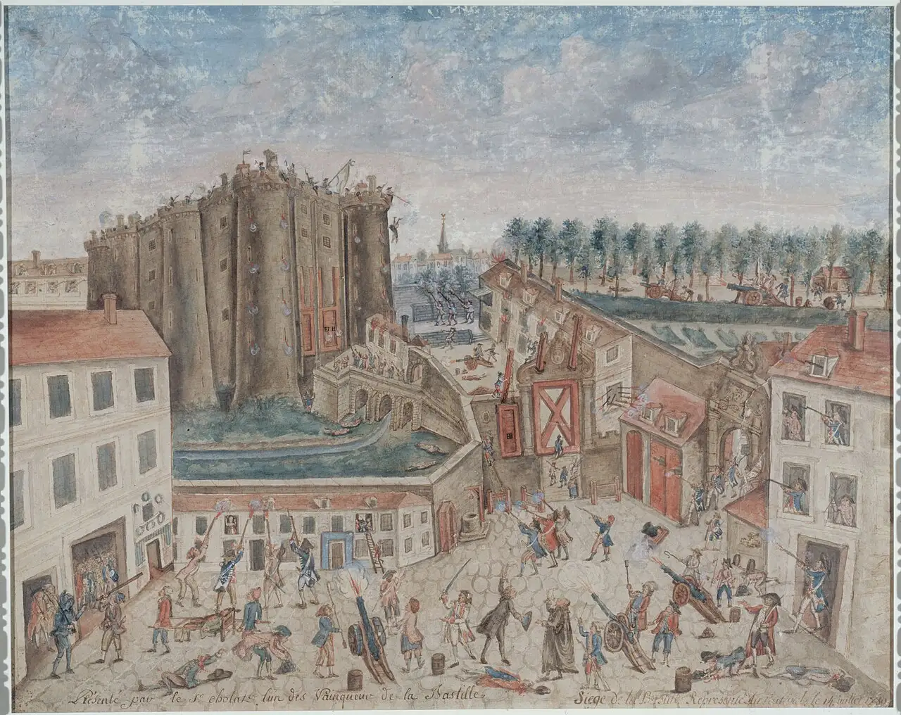 Vue en plongée de la forteresse de la Bastille, avec ses hautes tours, entourée d'une foule armée de fusils et de canons qui tire vers les murailles ; des corps gisent sur le pavé.
