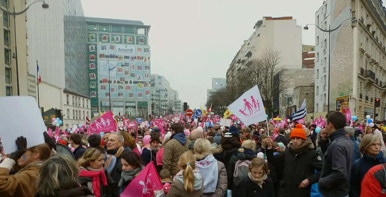 Une rue parisienne bordée d'immeubles, entièrement occupée par une foule qui agite des drapeaux roses et blancs montrant une famille stylisée.