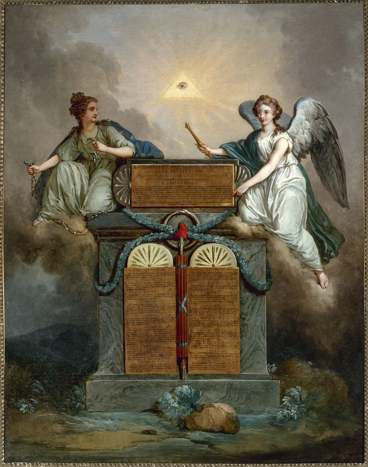 Tableau allégorique : deux figures féminines, l'une tenant des chaînes brisées, l'autre ailée tenant un sceptre, encadrent des tables de pierre portant le texte de la Déclaration, sous un œil rayonnant dans un triangle.