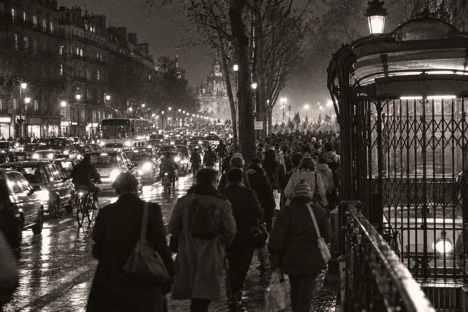 En noir et blanc, de nuit, une foule de passants rentre à pied le long d'un boulevard parisien embouteillé ; une entrée de métro est fermée par sa grille.